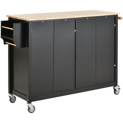 54.3" Kitchen Island Cart with Solid Wood Top, Locking Wheels, 4 Door Cabinets, Two Drawers, Spice Rack & Towel Rack, Black