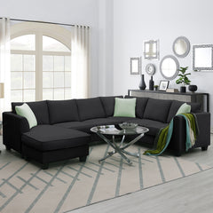 7 Pcs Living Room Sectional Sofa Couches with Ottoman, 3 Pillows, Black