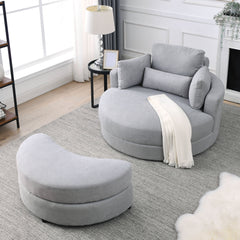 Swivel Accent Barrel Sofa Lounge Club Big Round Chair with Storage Ottoman, Pillows, Grey