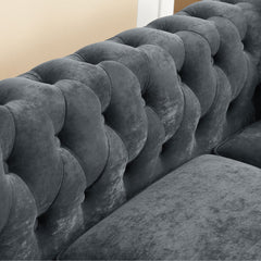 Button Tufted Upholstered L-shaped Sofa with 3 Pillows, Solid Wood Gourd Legs, Grey velvet