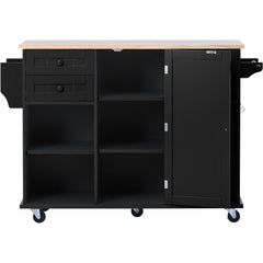 52.8" Width Kitchen Island Cart with Spice Rack, Towel Rack, Drawer, Rubber Wood Desktop & 5 Wheels Including 4 Lockable Wheels, Black