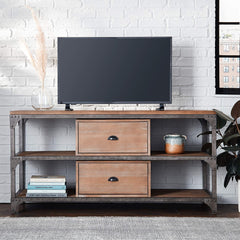 60" TV Stand with 2 Drawer & 4 Open Media Compartments, Weathered Oak & Antique Silver
