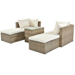 5-Piece Patio Wicker Sectional Sofa Set with Ottomans and Cushions, Brown Rattan