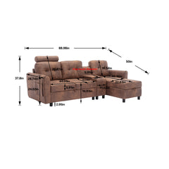 Living Room Sectional Sofa with Storage Chaise, Hidden Cup Holders, Side Bag Pockets, Brown
