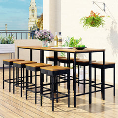 10-Piece Outdoor Wicker Bar Set, Dining Set with Foldable Acacia Wood Tabletop, 8 Stools & 2 Wood Table, Brown
