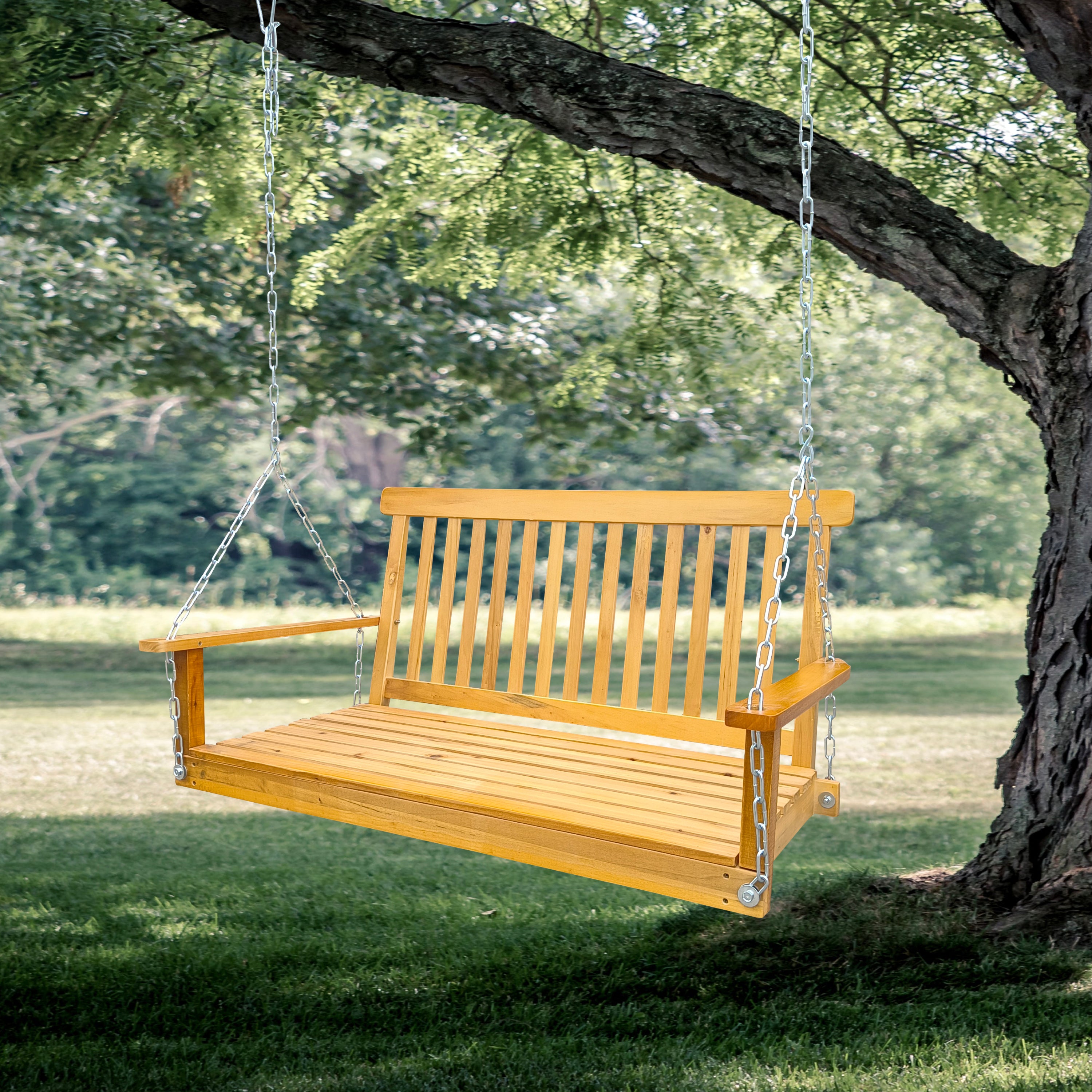 Hanging Porch Swing Wood Swing Bench with Hanging Chains, Teak – NOBLEMOOD