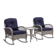 3 Pcs Patio Wicker Rocking Chair Set With Coffee Table and Cushions