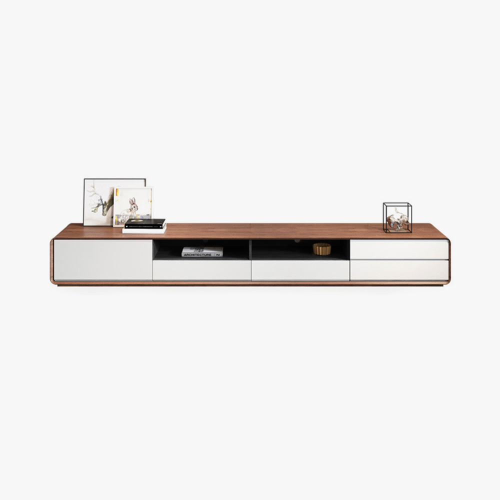 94" Modern Wood Fully-Assembled TV Stand with 4 Drawers, Open Storage Cabinet, Black Dividers & Walnut Veneer, White+Walnut