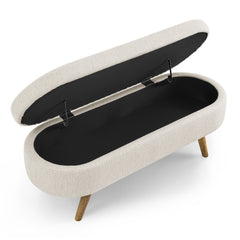 NOBLEMOOD Ottoman Oval Storage Bench for End of Bed w/ Rubber Wood Legs for Bedroom Entryway Living Room, Beige