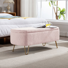 NOBLEMOOD Storage Ottoman Bench for End of Bed w/ Gold Legs, Modern Faux Fur Entryway Bench with Storage for Living Room Bedroom,Pink