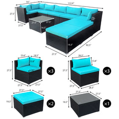 9-piece Outdoor Wicker conversation Sectional Sofa Sets with 2 Ottomans, 1 Glass Coffee Table, Removable Soft Cushions (Black Wicker, Blue Cushion)