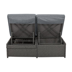 Outdoor Wicker Double Sunbed Chairs with Adjustable Backrest and Seat, Foldable Side Tray, Grey