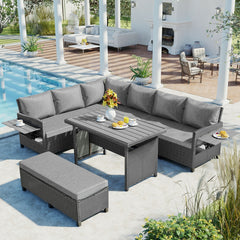 5-Piece Patio Rattan Dining Set with 2 Extendable Side Tables, Washable Covers, Gray