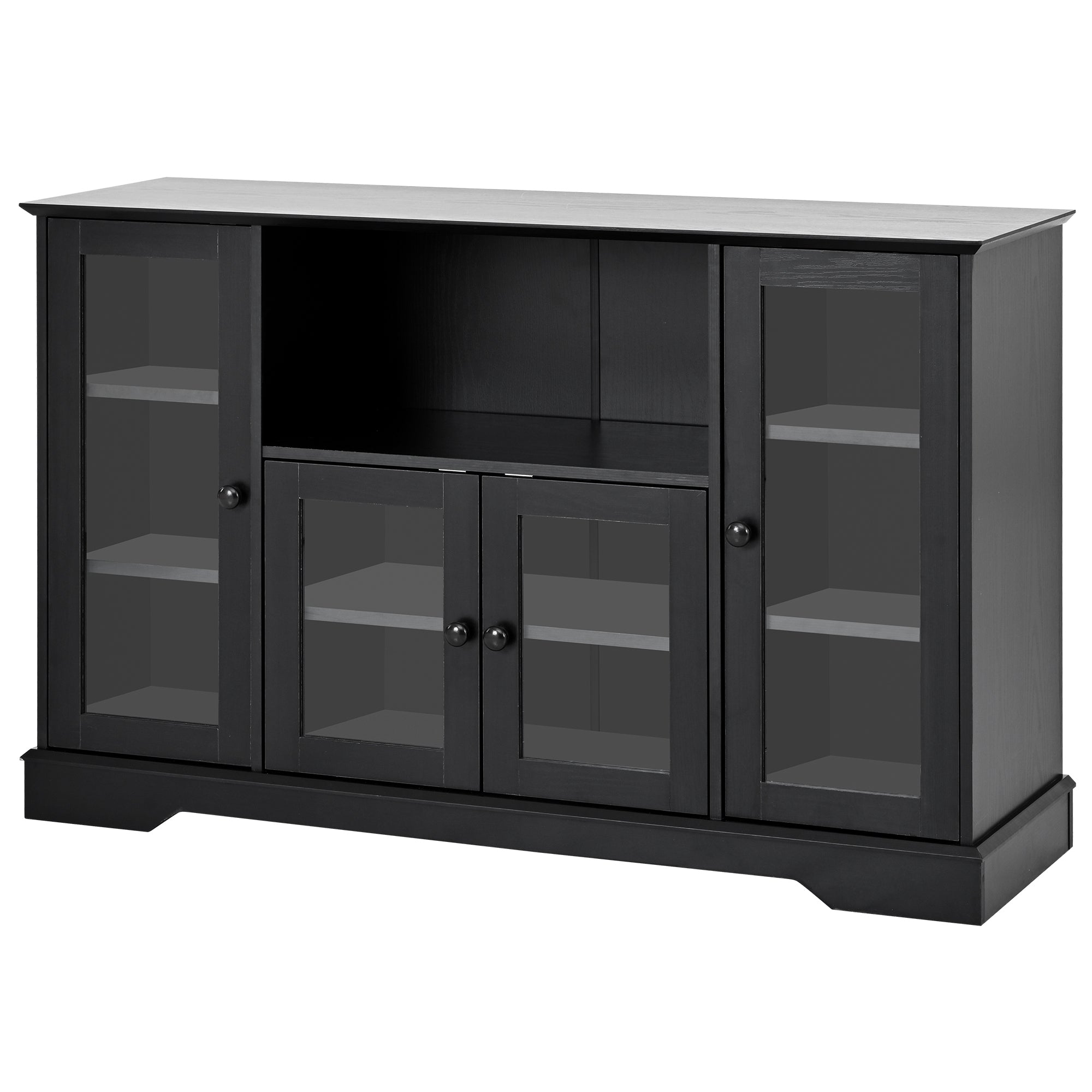 TV Stand with 4 Tempered Glass Doors, Adjustable Panels & Open Style Cabinet, Sideboard for TV up to 60", Black