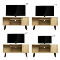 Mid-Century TV Stand with Open Storage Shelves & Cabinet for 60 Inch TV, Oak