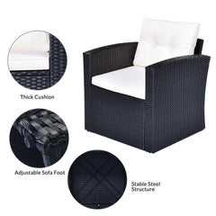 6 Piece Outdoor Sectional Sofa Set with Coffee table, Ottomans, Cushions, Black Wicker, White Cushions