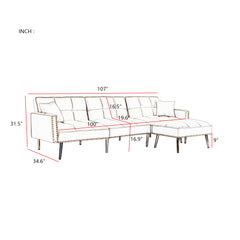 cream white Velvet Upholstered Reversible Sectional Sofa Bed , L-Shaped Couch with Movable Ottoman For Living Room.