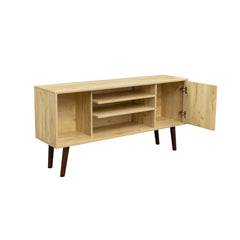 Mid-Century TV Stand with Open Storage Shelves & Cabinet for 60 Inch TV, Oak