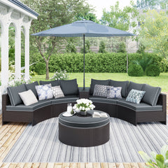 6 Pieces Outdoor Sectional Half Round Rattan Sofa Set w/ 1 Storage Side Table for Umbrella and 1 Multifunctional Round Table, Brown+ Gray