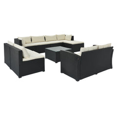 9-piece Outdoor Sectional Sofa Set, Black Wicker, Beige Cushion