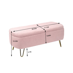 NOBLEMOOD Storage Ottoman Bench for End of Bed w/ Gold Legs, Modern Faux Fur Entryway Bench with Storage for Living Room Bedroom,Pink