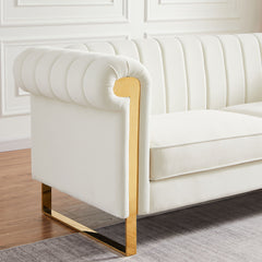 83" Modern Velvet Upholstered Sofa Couch with Gold Stainless Steel Legs, Beige