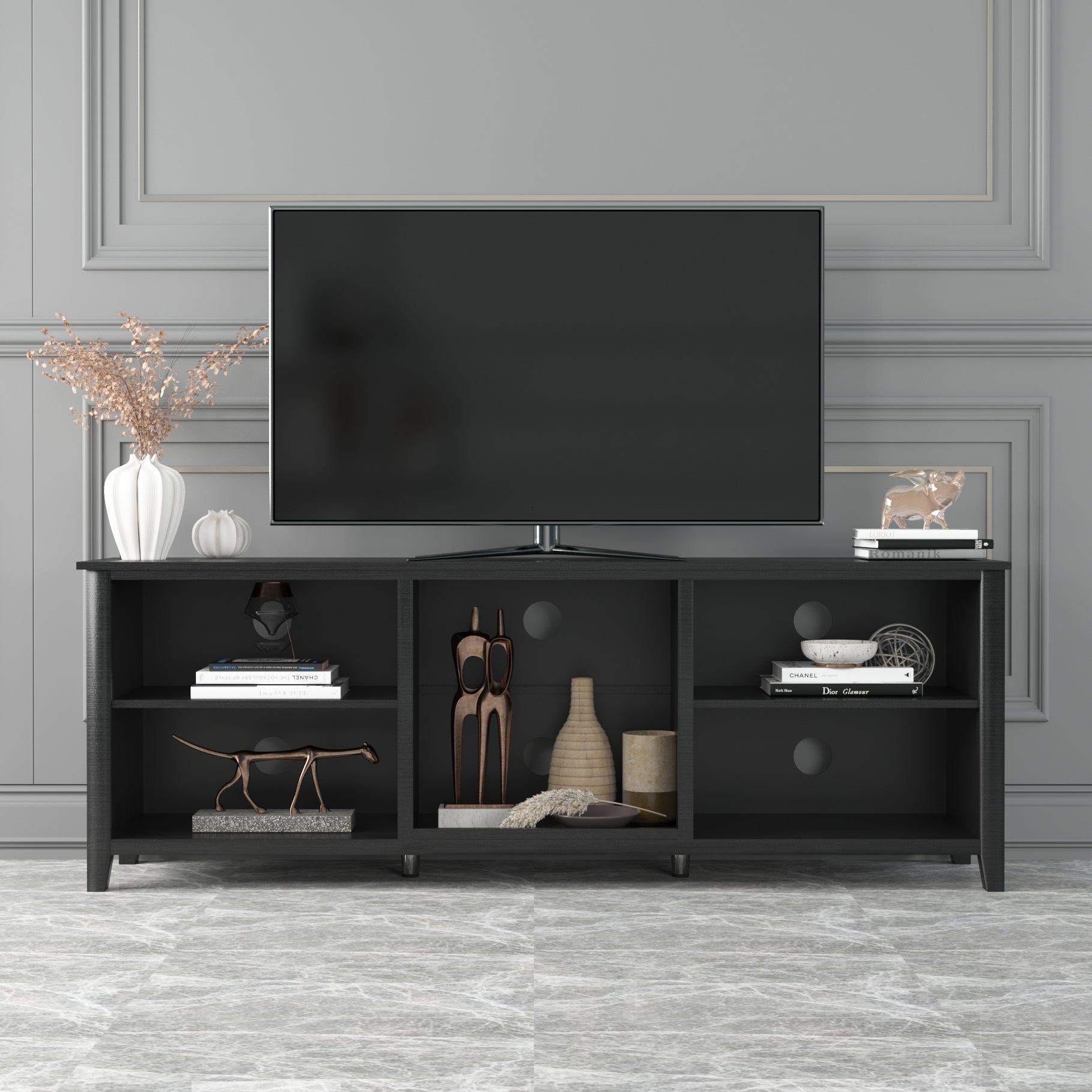 Traditional Wood TV Stand with 2 Doors, Black