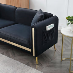 77.2” Modern Upholstered Velvet Sofa with Removable Cushions, Side Pocket,2 Pillows,Black
