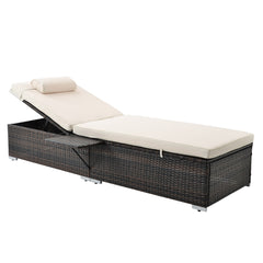 2 Pieces Outdoor Wicker Chaise Lounge Chair with Foldable Side Table, White Cushions & Head Pillow