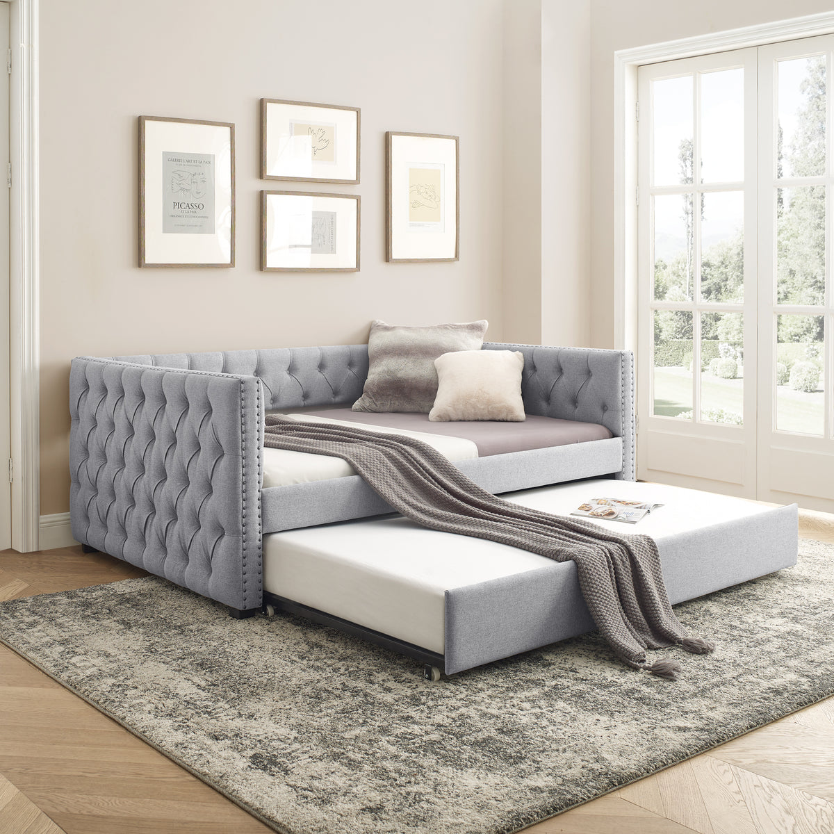 NOBLEMOOD Linen Full Daybed with Twin Trundle Upholstered Tufted Sofa Bed, Light Grey