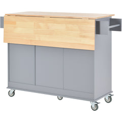 52.7" Rolling Mobile Kitchen Island with Solid Wood Top, Locking Wheels, Storage Cabinet, Drop Leaf Breakfast Bar, Spice Rack, Towel Rack & Drawer, Grey Blue