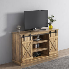 Farmhouse TV Stand with Sliding Barn Doors &  Flat Screen for 60 Inch TV, Oak