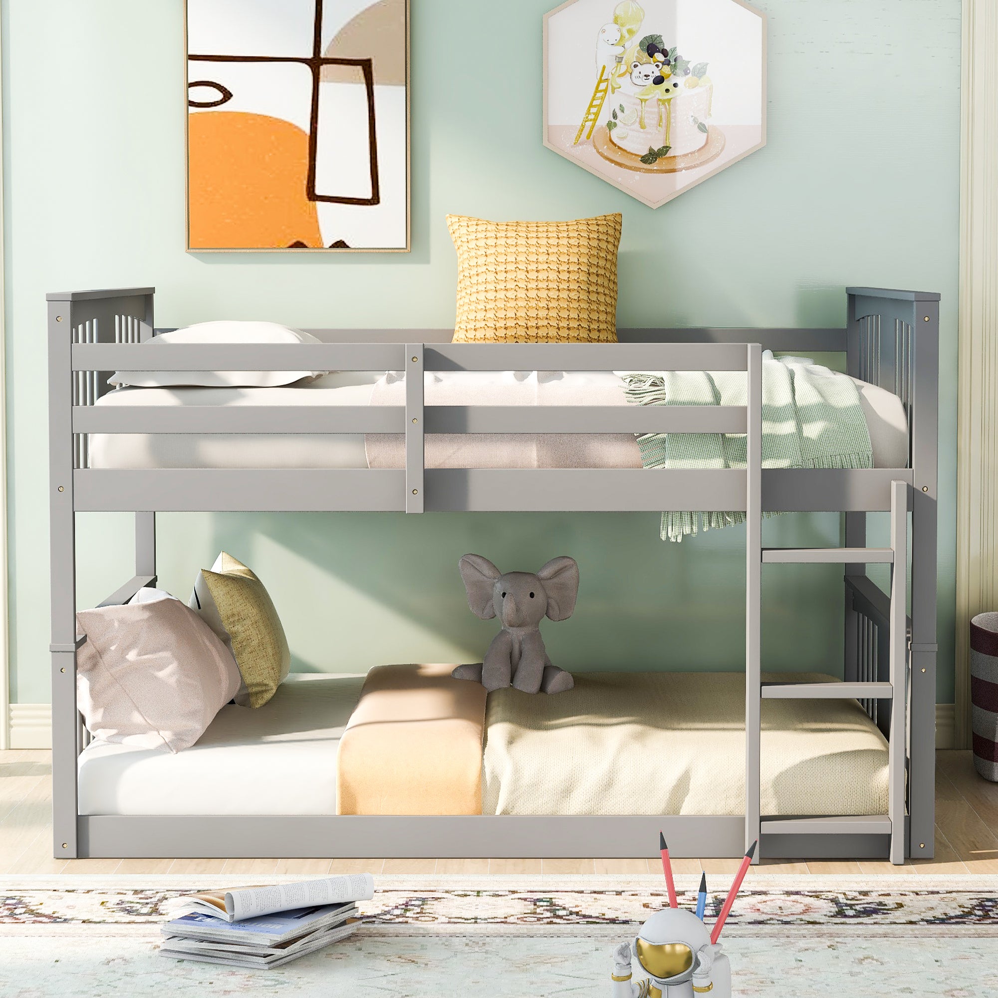 Full Over Full Bunk Bed with Ladder & Guardrail for Twins/Adults, Wood Full Szie Bunk Bed for Bedroom, Gray