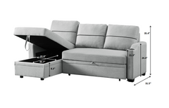 Linen Sofa Couch with Chaise Lounge & Pull-out Storage Bin, Light gray