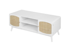 Boho TV Console with Rattan Doors for Bedroom & Living Room, White