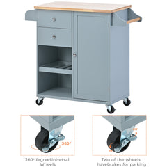 Kitchen Cart with Wine Rack, Towel Rack, Two Drawers, Rubber Wood Top & 4 Wheels for Dining Room, Kitchen & Living Room, Grey Blue