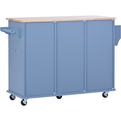 52.8" Width Kitchen Island Cart with Spice Rack, Towel Rack, Drawer, Rubber Wood Desktop & 5 Wheels Including 4 Lockable Wheels, Blue