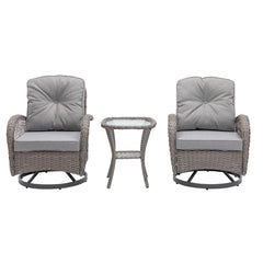 3 Pcs Outdoor Wicker Swivel Chair Set With Coffee Table and Gray Cushions