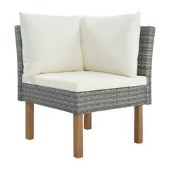 9-Piece Outdoor Gray Rattan Sofa Set with Wood Legs, Acacia Wood Tabletop, Armrest Chairs with Beige Cushions