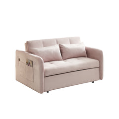 3 In 1 Velvet Sleeper Sofa Bed W/ Reclining Backrest, Toss Pillows, Pockets, Pink