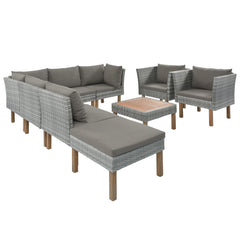 9-Piece Outdoor Gray PE Rattan Sofa Set with Wood Legs, Acacia Wood Tabletop, Armrest Chairs with Gray Cushions