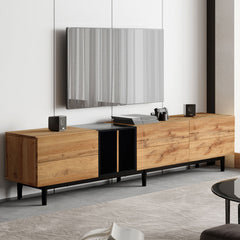 Modern TV Stand for 80’’ TV with 3 Doors & Media Console Table, Natural Wood