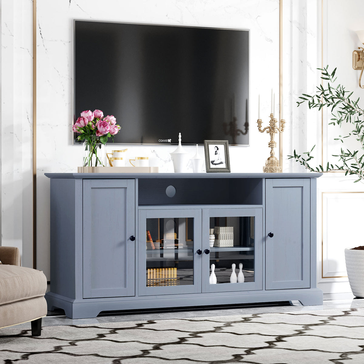 TV Stand with 2 Tempered Glass Doors, Adjustable Panels, Open Style Cabinet & Sideboard for TVs up to 65", Gray