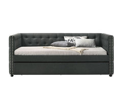 NOBLEMOOD Full Daybed with Twin Size Trundle, Fabric Upholstered Full Size Day Bed Button-Tufted Sofa Daybed Frame w/Twin Roll-Out Trundle, No Box Spring Needed, Furniture for Bedroom Living Room Guest Room, Gray