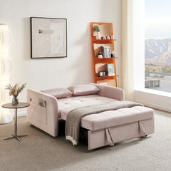 3 In 1 Velvet Sleeper Sofa Bed W/ Reclining Backrest, Toss Pillows, Pockets, Pink