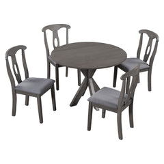 Rustic Farmhouse 5-Piece Wood Round Dining Table Set with Drop Leaf & 4 Padded Dining Chairs, Gray