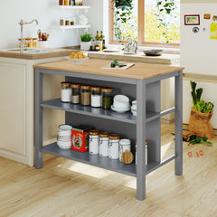 3-Piece 45" Stationary Solid Wood Rustic Kitchen Island Set with 2 Seatings & 2 Open Shelves, Natural+Gray