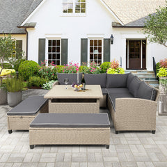 6-Piece Outdoor Wicker Sectional Sofa with Table and Benches