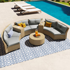 6-Person Half-Round Rattan Outdoor Sectional Sofa with Cushions and Table
