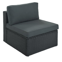 7-piece Outdoor Wicker Sofa Set, Rattan Sofa Lounger with Green Pillows, Black Wicker, Gray Cushion
